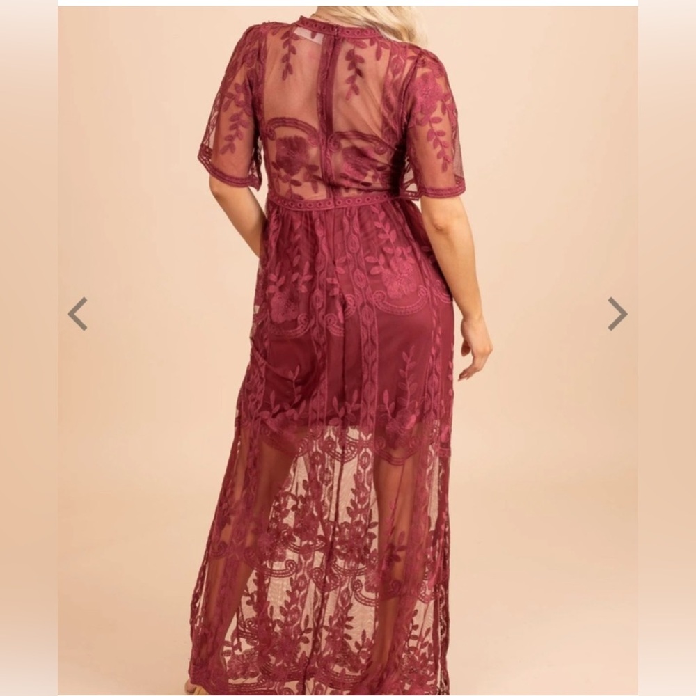 BELLA ELLA BOUTIQUE XL Light My Fire Deep V Neck Lace Wine Maxi Dress - Picture 4 of 16